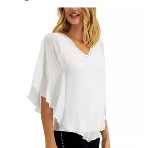 JM Collection Womenʻs White Embellished V-Neckline Flowy Poncho Top Large